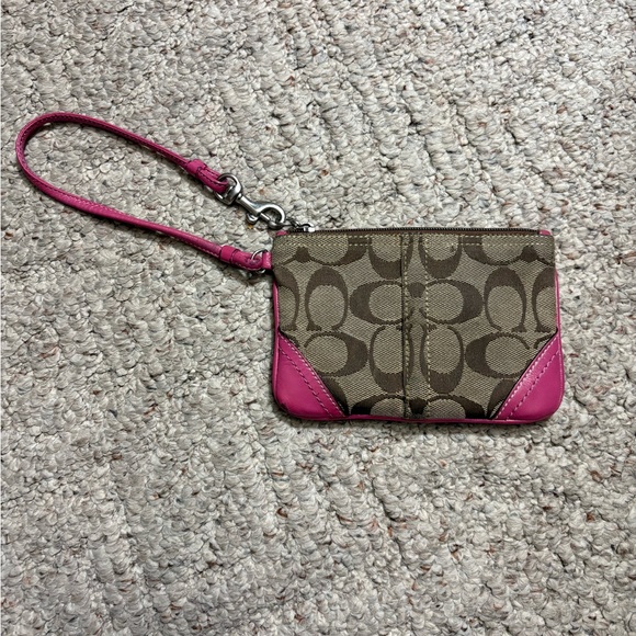 Coach Handbags - Coach Signature Canvas Wristlet in Khaki/Hot Pink